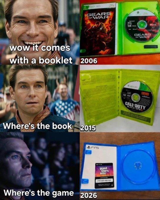 Homelander acting in increasing disgust and shock over the loss of game booklets, then game discs. 