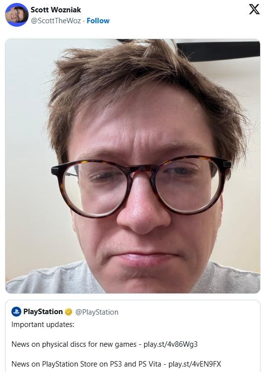 Scott Wozniak @ScottTheWoz Follow PlayStation Important updates: @PlayStation News on physical discs for new games - play.st/4v86Wg3 News on PlayStation Store on PS3 and PS Vita - play.st/4vEN9FX X