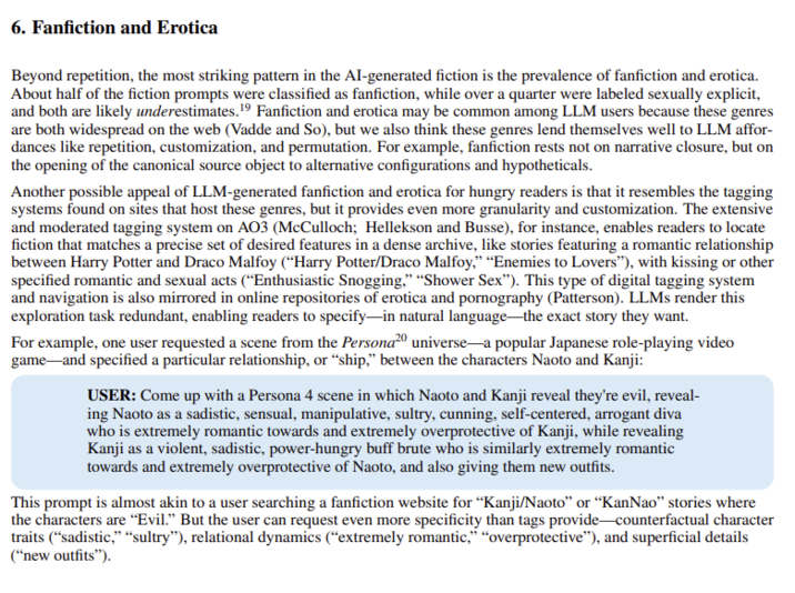 6. Fanfiction and Erotica Beyond repetition, the most striking pattern in the AI-generated fiction is the prevalence of fanfiction and erotica. About half of the fiction prompts were classified as fanfiction, while over a quarter were labeled sexually explicit, and both are likely underestimates.19 Fanfiction and erotica may be common among LLM users because these genres are both widespread on the web (Vadde and So), but we also think these genres lend themselves well to LLM affor- dances like repetition, customization, and permutation. For example, fanfiction rests not on narrative closure, but on the opening of the canonical source object to alternative configurations and hypotheticals. Another possible appeal of LLM-generated fanfiction and erotica for hungry readers is that it resembles the tagging systems found on sites that host these genres, but it provides even more granularity and customization. The extensive and moderated tagging system on AO3 (McCulloch; Hellekson and Busse), for instance, enables readers to locate fiction that matches a precise set of desired features in a dense archive, like stories featuring a romantic relationship between Harry Potter and Draco Malfoy ("Harry Potter/Draco Malfoy," "Enemies to Lovers"), with kissing or other specified romantic and sexual acts ("Enthusiastic Snogging," "Shower Sex"). This type of digital tagging system and navigation is also mirrored in online repositories of erotica and p---------- (Patterson). LLMs render this exploration task redundant, enabling readers to specify-in natural language--the exact story they want. For example, one user requested a scene from the Persona20 universe-a popular Japanese role-playing video game and specified a particular relationship, or "ship," between the characters Naoto and Kanji: USER: Come up with a Persona 4 scene in which Naoto and Kanji reveal they're evil, reveal- ing Naoto as a sadistic, sensual, manipulative, sultry, cunning, self-centered, arrogant diva who is extremely romantic towards and extremely overprotective of Kanji, while revealing Kanji as a violent, sadistic, power-hungry buff brute who is similarly extremely romantic towards and extremely overprotective of Naoto, and also giving them new outfits. This prompt is almost akin to a user searching a fanfiction website for "Kanji/Naoto" or "KanNao" stories where the characters are "Evil." But the user can request even more specificity than tags provide-counterfactual character traits ("sadistic," "sultry"), relational dynamics ("extremely romantic," "overprotective"), and superficial details ("new outfits").