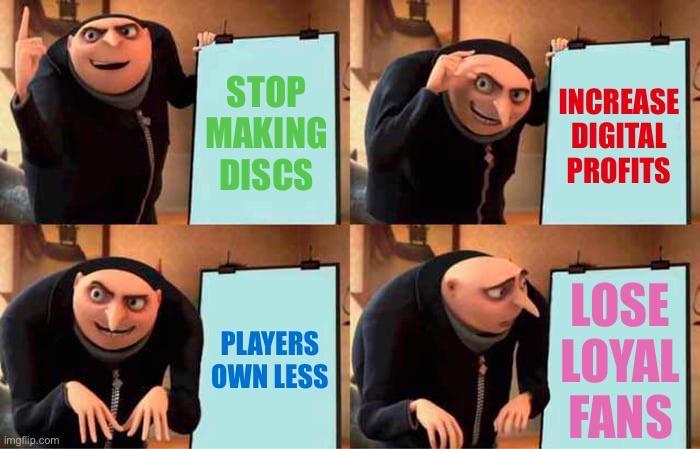 STOP MAKING DISCS INCREASE DIGITAL PROFITS LOSE PLAYERS OWN LESS LOYAL M FANS imgflip.com