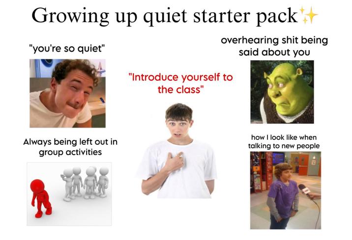 Growing up quiet starter pack++ "you're so quiet" overhearing s--- being said about you "Introduce yourself to the class" Always being left out in group activities how I look like when talking to new people