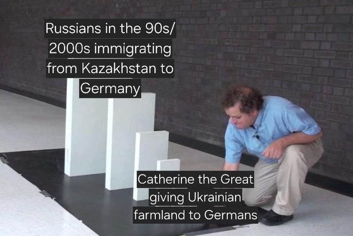 Russians in the 90s/ 2000s immigrating from Kazakhstan to Germany Catherine the Great giving Ukrainian farmland to Germans