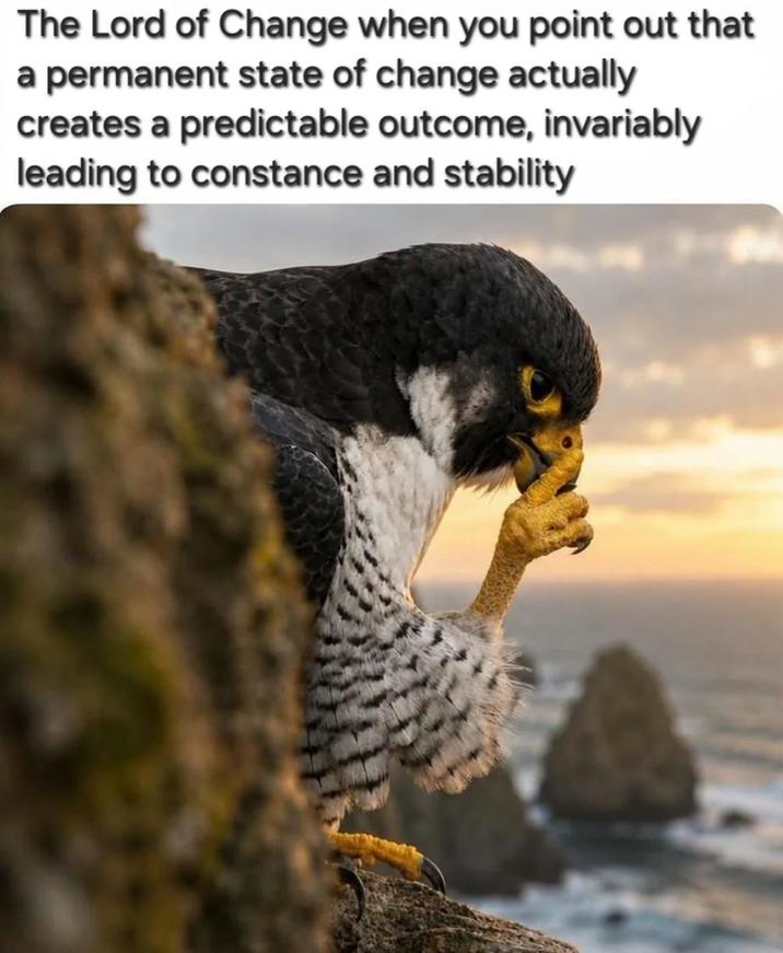 The Lord of Change when you point out that a permanent state of change actually creates a predictable outcome, invariably leading to constance and stability