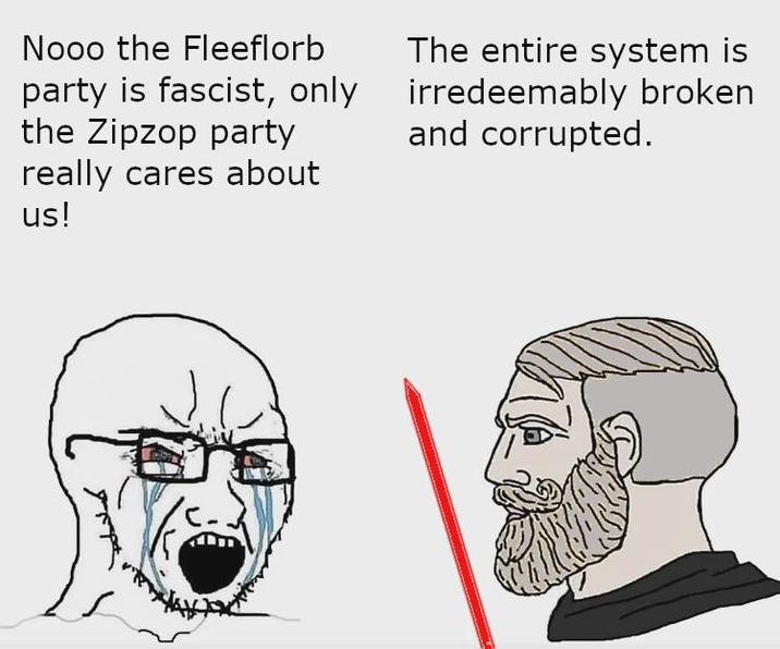 Nooo the Fleeflorb party is fascist, only the Zipzop party really cares about us! The entire system is irredeemably broken and corrupted.
