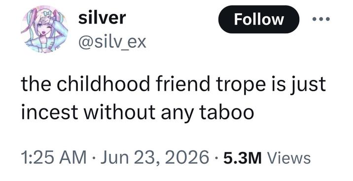 silver @silv_ex Follow the childhood friend trope is just i----- without any taboo . 1:25 AM Jun 23, 2026 5.3M Views. •