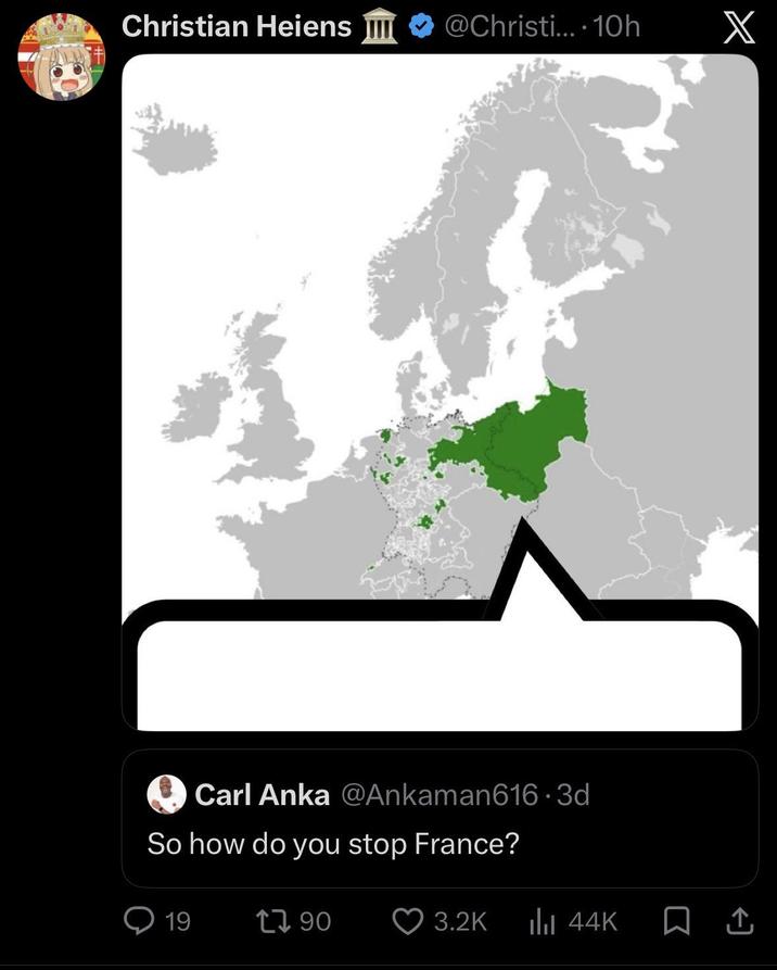 4 Christian Heiens III @Christi....10h X Carl Anka @Ankaman616-3d So how do you stop France? 19 17 90 3.2K Ilil 44K