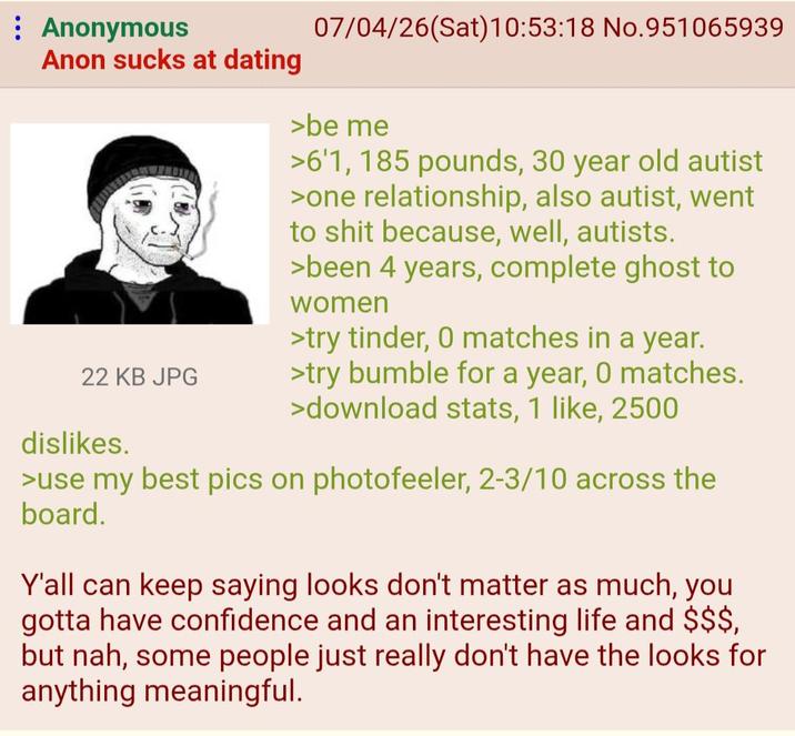 Anonymous Anon sucks at dating 22 KB JPG dislikes. 07/04/26(Sat) 10:53:18 No.951065939 >be me >6'1, 185 pounds, 30 year old autist >one relationship, also autist, went to s--- because, well, autists. >been 4 years, complete ghost to women >try tinder, 0 matches in a year. >try bumble for a year, 0 matches. >download stats, 1 like, 2500 >use my best pics on photofeeler, 2-3/10 across the board. Y'all can keep saying looks don't matter as much, you gotta have confidence and an interesting life and $$$, but nah, some people just really don't have the looks for anything meaningful.