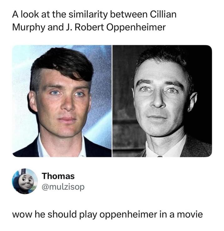 A look at the similarity between Cillian Murphy and J. Robert Oppenheimer Thomas @mulzisop wow he should play oppenheimer in a movie