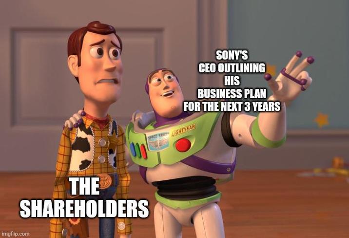 THE 030 SHAREHOLDERS imgflip.com SONY'S CEO OUTLINING HIS BUSINESS PLAN FOR THE NEXT 3 YEARS PACT LIGHTYEAR