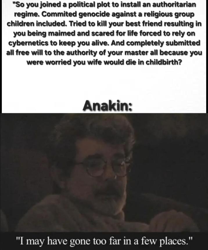 "So you joined a political plot to install an authoritarian regime. Commited genocide against a religious group children included. Tried to kill your best friend resulting in you being maimed and scared for life forced to rely on cybernetics to keep you alive. And completely submitted all free will to the authority of your master all because you were worried you wife would die in childbirth? Anakin: "I may have gone too far in a few places."