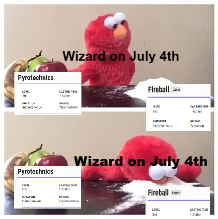 Pyrotechnics Wizard on July 4th LEVEL 2 BUHAT ON Instea CASTING TINE 1 30-00 Transmutation Fireball DURATION Instanta cus CASTING TIME 1 Action SCHOOL Exocation Wizard on July 4th Fireball Pyrotechnics LEVEL 2nd DURATION Instantaneous CASTING TIME 1 Action SCHOOL Transmutation LEVEL CASTING TIME 3rd 1 Action