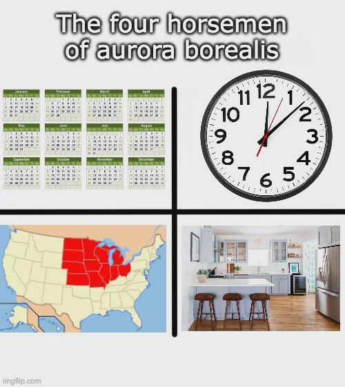23 4 The four horsemen of aurora borealis 12 7 ( 1 May Jety September Остан November M 13456 1730 Augal 4 EX • 20 21 22 21NRN Dece T WAS 45675Y OHRER 1515 228 28 27 28 11 12 10 9 8 765 Imgflip.com 961