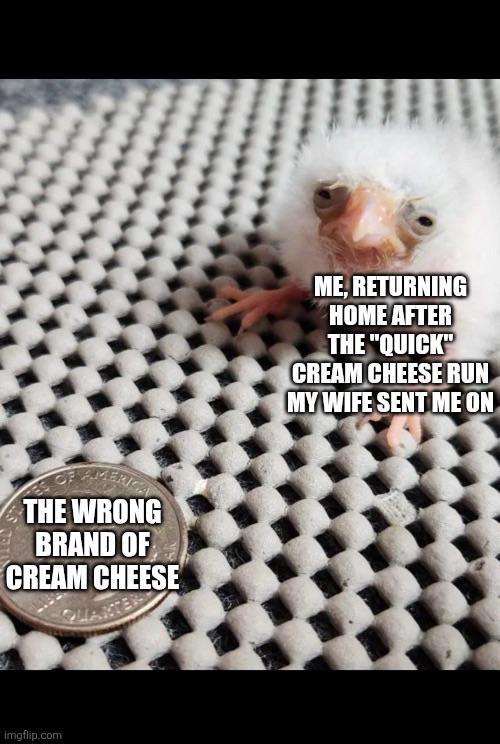 THE WRONG BRAND OF CREAM CHEESE imgflip.com ME, RETURNING HOME AFTER THE "QUICK" CREAM CHEESE RUN MY WIFE SENT ME ON