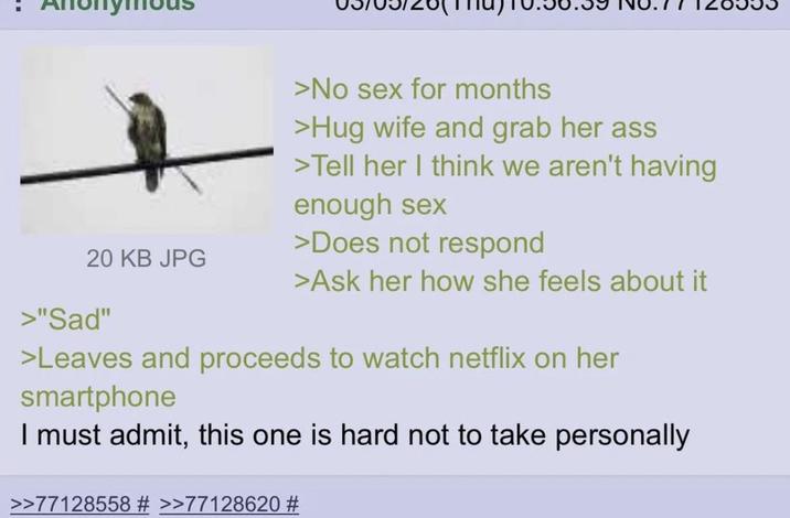 20 KB JPG >"Sad" >No sex for months >Hug wife and grab her ass >Tell her I think we aren't having enough sex >Does not respond >Ask her how she feels about it >Leaves and proceeds to watch netflix on her smartphone I must admit, this one is hard not to take personally >>77128558 # >>77128620 #