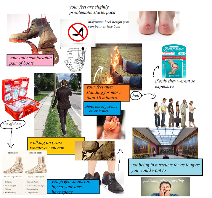 your feet are slightly problematic starterpack maximum heel height you can bear is like 5cm 8 your only comfortable pair of boots shullerstock.com Tibia shin bonel Fibula Jower leg bonel Torn Isteral ankle ligaments one of these HIGH ARCH walking on grass whenever you can LOSS OF ARCH your feet after standing for more than 10 minutes hell shoes too big create other issues تم Compeed NATYCHMIASTOWA ULGA STAULEYA DE CELESTI Przypienia Hajinerie to ми PĘCHERZE PUC MYRC PLUZGICRE Compeed if only they werent so expensive Flat feet/collapsed arch Pes cavus supinated foot ■ Heel pain • Heel & arch pain Ball of foot pain . Calluses • Plantar fasciitis ■ Ankle instability ■ Overpronation Shin, knee, hip, or back pain you prefer shoes too big so your toes have space not being in museums for as long as you would want to panicking when traveling