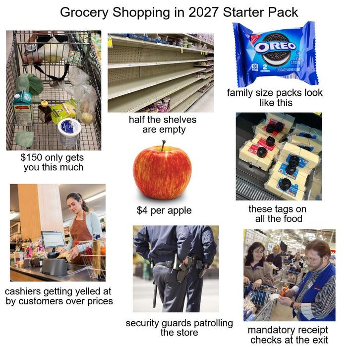 Grocery Shopping in 2027 Starter Pack OREO COOKES 10 0.78 022 CHOCOLATE SANDWICH CONS $150 only gets you this much half the shelves are empty family size packs look like this $4 per apple these tags on all the food cashiers getting yelled at by customers over prices security guards patrolling the store mandatory receipt checks at the exit