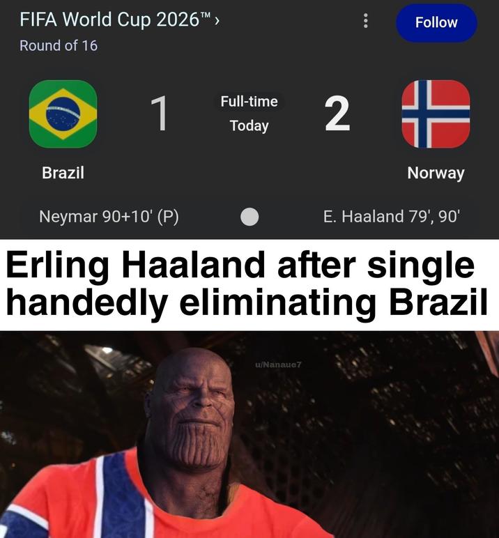 FIFA World Cup 2026™ > Round of 16 ÷ Follow Brazil 1 Full-time Today Neymar 90+10' (P) 20 101 Norway E. Haaland 79', 90' Erling Haaland after single handedly eliminating Brazil u/Nanaue7