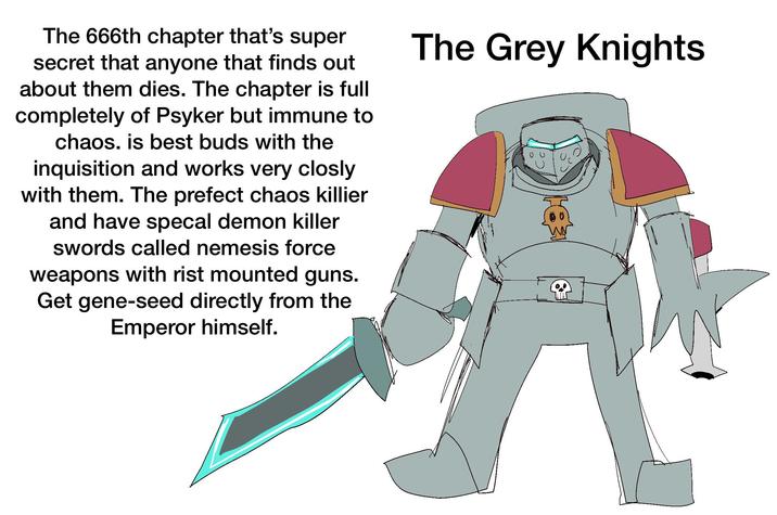 The 666th chapter that's super secret that anyone that finds out about them dies. The chapter is full completely of Psyker but immune to chaos. is best buds with the inquisition and works very closly with them. The prefect chaos killier and have specal demon killer swords called nemesis force weapons with rist mounted guns. Get gene-seed directly from the Emperor himself. The Grey Knights
