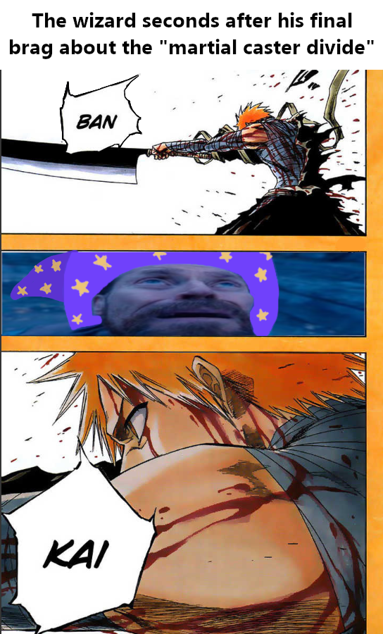 The wizard seconds after his final brag about the "martial caster divide" BAN ΚΑΙ
