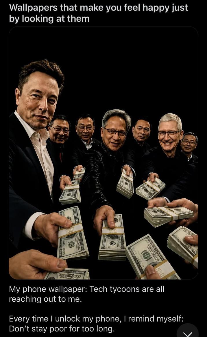 Wallpapers that make you feel happy just by looking at them LUI My phone wallpaper: Tech tycoons are all reaching out to me. Every time I unlock my phone, I remind myself: Don't stay poor for too long. SO