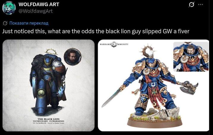 WOLFDAWG ART @WolfdawgArt 5 Показати переклад Just noticed this, what are the odds the black lion guy slipped GW a fiver THE BLACK LION VICTRIX GUARD ULTRAMARINES OC by blacklion 40k Fan art by Orniri Teren WARHAMMER COMMUNITY
