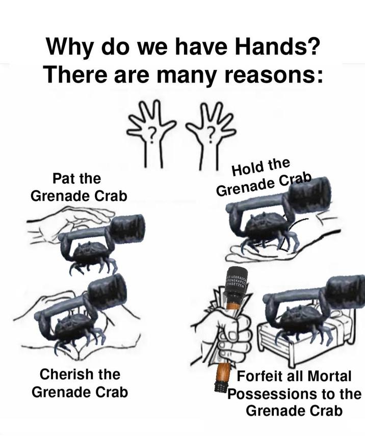 Why do we have Hands? There are many reasons: Pat the Grenade Crab Hold the Grenade Crab ENSETZEN Cherish the Grenade Crab Forfeit all Mortal Possessions to the Grenade Crab