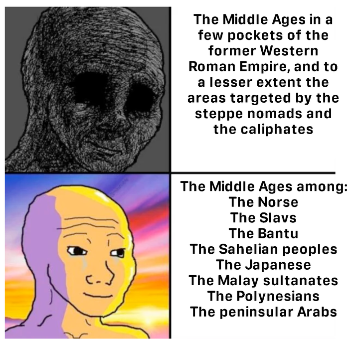 The Middle Ages in a few pockets of the former Western Roman Empire, and to a lesser extent the areas targeted by the steppe nomads and the caliphates The Middle Ages among: The Norse The Slavs The Bantu The Sahelian peoples The Japanese The Malay sultanates The Polynesians The peninsular Arabs