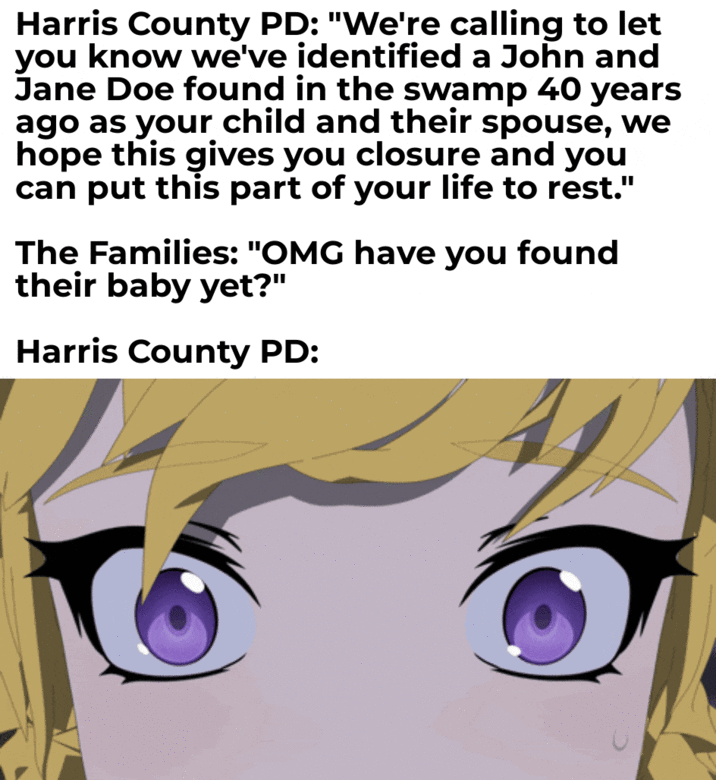 Harris County PD: "We're calling to let you know we've identified a John and Jane Doe found in the swamp 40 years ago as your child and their spouse, we hope this gives you closure and you can put this part of your life to rest." The Families: "OMG have you found their baby yet?" Harris County PD:
