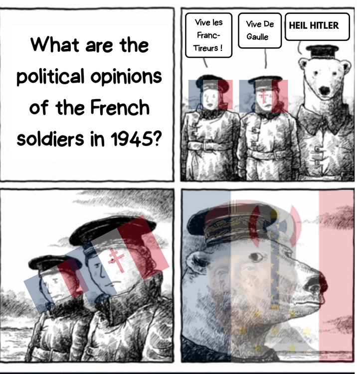 Vive De HEIL HITLER What are the political opinions of the French soldiers in 1945? Vive les Franc- Tireurs ! Gaulle
