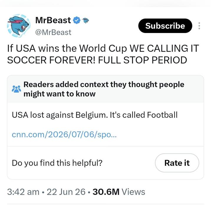 MrBeast @MrBeast Subscribe If USA wins the World Cup WE CALLING IT SOCCER FOREVER! FULL STOP PERIOD Readers added context they thought people might want to know USA lost against Belgium. It's called Football cnn.com/2026/07/06/spo... Do you find this helpful? 3:42 am 22 Jun 26. 30.6M Views Rate it