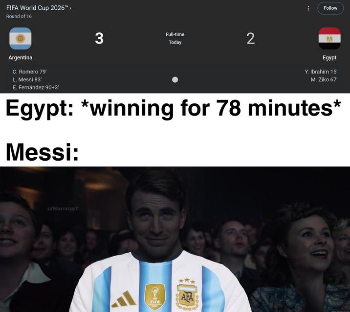 FIFA World Cup 2026™ > Round of 16 3 Full-time Today 2 Follow Argentina C. Romero 79' L. Messi 83' E. Fernández 90+3' Egypt Y. Ibrahim 15' M. Ziko 67' Egypt: *winning for 78 minutes* Messi: u/Nanaue7 FIFA 2022 AFA
