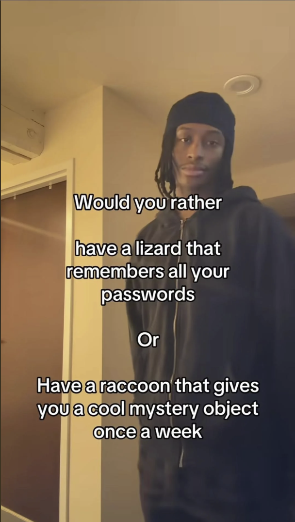 Would you rather have a lizard that remembers all your passwords Or Have a raccoon that gives you a cool mystery object once a week