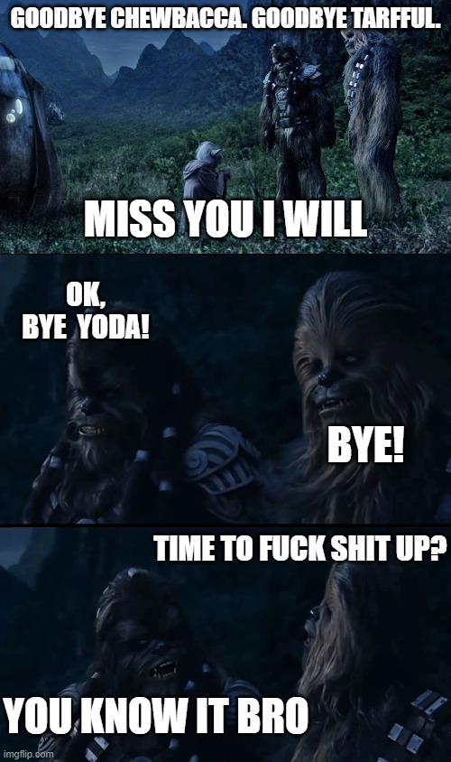 GOODBYE CHEWBACCA. GOODBYE TARFFUL. MISS YOU I WILL OK, BYE YODA! BYE! TIME TO F--- S--- UP? YOU KNOW IT BRO imgflip.com