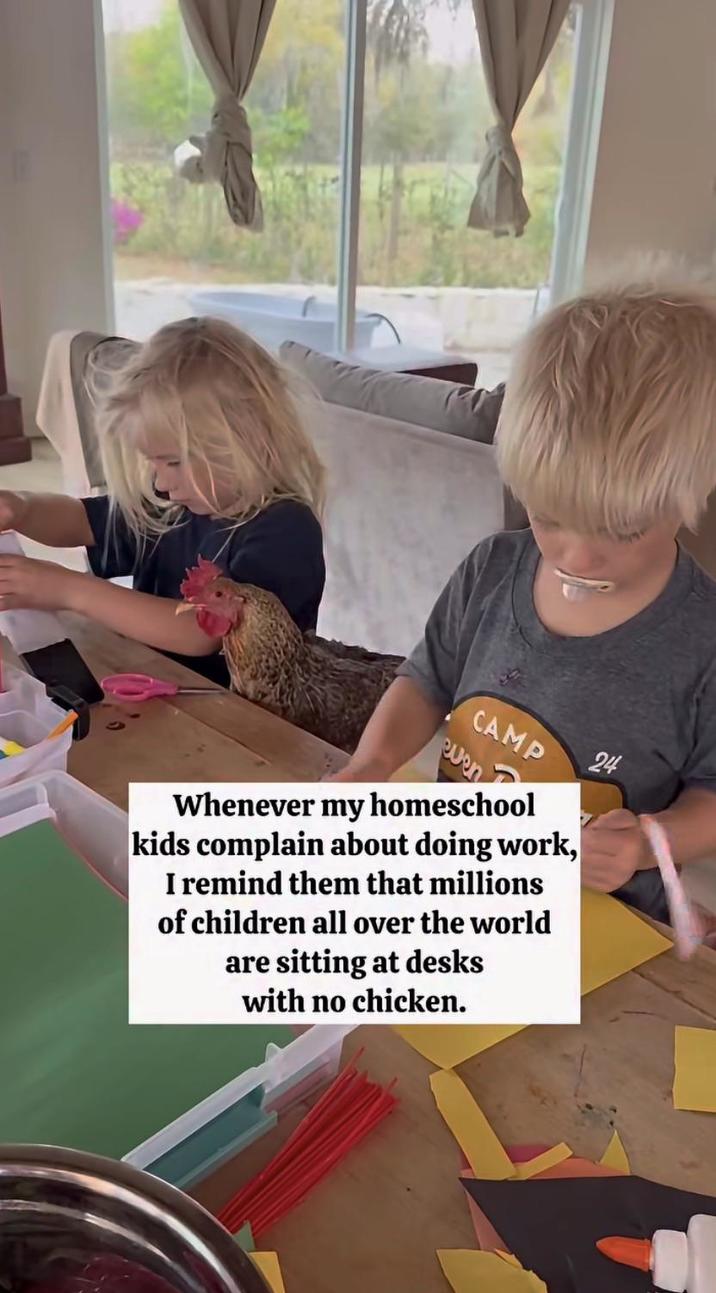 CAMP even Whenever my homeschool kids complain about doing work, I remind them that millions of children all over the world are sitting at desks with no chicken. 24