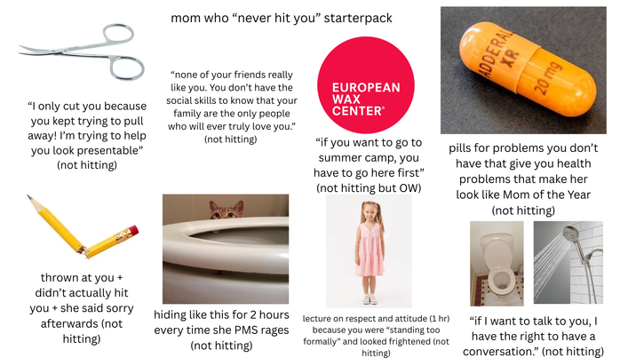 "I only cut you because you kept trying to pull away! I'm trying to help you look presentable" (not hitting) mom who "never hit you" starterpack "none of your friends really like you. You don't have the social skills to know that your family are the only people who will ever truly love you." (not hitting) EUROPEAN WAX CENTERⓇ "if you want to go to summer camp, you have to go here first" (not hitting but OW) ADDERAL XR 20 mg pills for problems you don't have that give you health problems that make her look like Mom of the Year (not hitting) thrown at you + didn't actually hit you + she said sorry afterwards (not hitting) hiding like this for 2 hours every time she PMS rages (not hitting) lecture on respect and attitude (1 hr) because you were "standing too formally" and looked frightened (not hitting) "if I want to talk to you, I have the right to have a conversation." (not hitting)