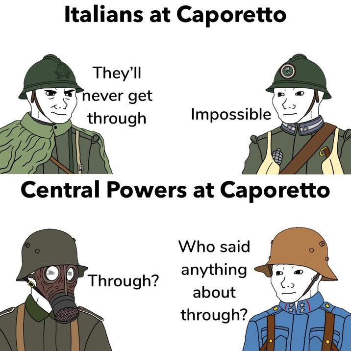 Italians at Caporetto They'll never get through Impossible Central Powers at Caporetto Who said anything Through? about through?