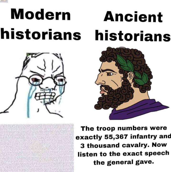 Modern Ancient historians historians S The troop numbers were exactly 55,367 infantry and 3 thousand cavalry. Now listen to the exact speech the general gave.