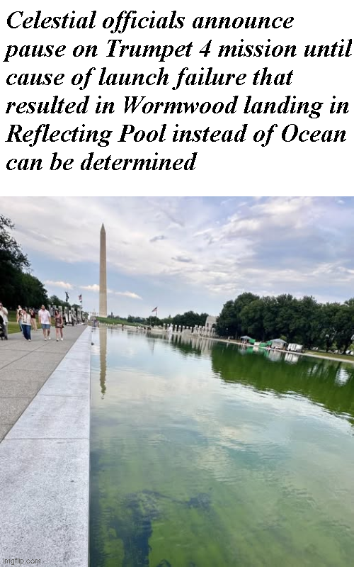 Celestial officials announce pause on Trumpet 4 mission until cause of launch failure that resulted in Wormwood landing in Reflecting Pool instead of Ocean can be determined imgflip.com