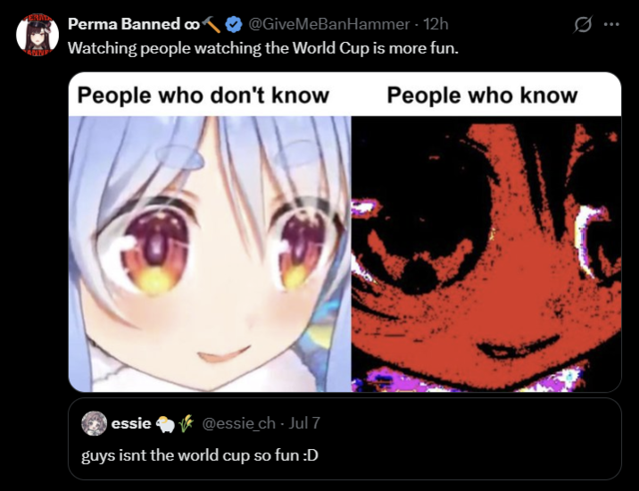 Perma Banned co❤ @GiveMeBanHammer - 12h Watching people watching the World Cup is more fun. People who don't know People who know essie @essie_ch. Jul 7 guys isnt the world cup so fun :D ...