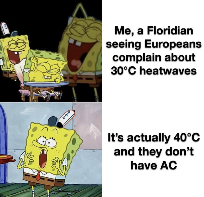 W I Me, a Floridian seeing Europeans complain about 30°C heatwaves It's actually 40°C and they don't have AC
