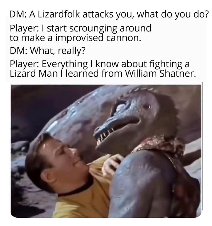 DM: A Lizardfolk attacks you, what do you do? Player: I start scrounging around to make a improvised cannon. DM: What, really? Player: Everything I know about fighting a Lizard Man I learned from William Shatner.