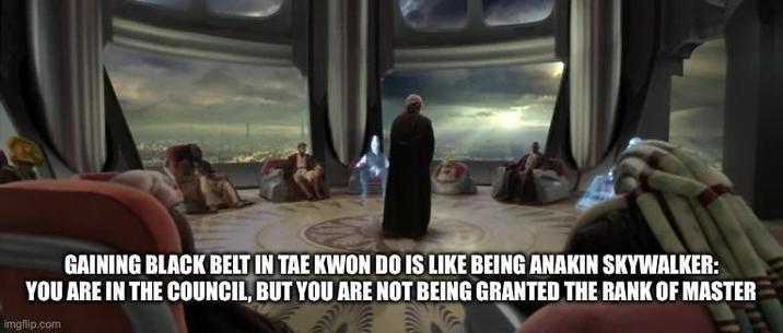 GAINING BLACK BELT IN TAE KWON DO IS LIKE BEING ANAKIN SKYWALKER: YOU ARE IN THE COUNCIL, BUT YOU ARE NOT BEING GRANTED THE RANK OF MASTER imgflip.com