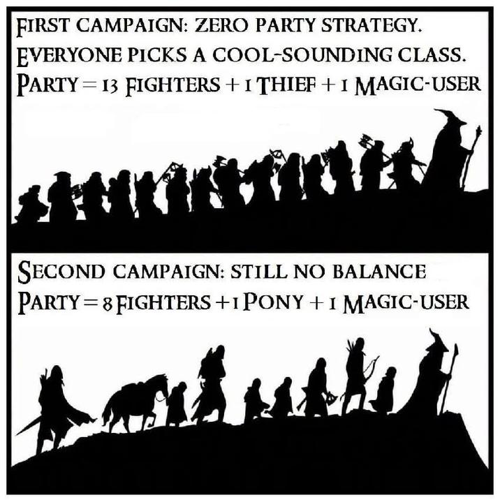 FIRST CAMPAIGN: ZERO PARTY STRATEGY. EVERYONE PICKS A COOL-SOUNDING CLASS. PARTY 13 FIGHTERS +1 THIEF +1 MAGIC-USER SECOND CAMPAIGN: STILL NO BALANCE PARTY=8 FIGHTERS +1 PONY +1 MAGIC-USER