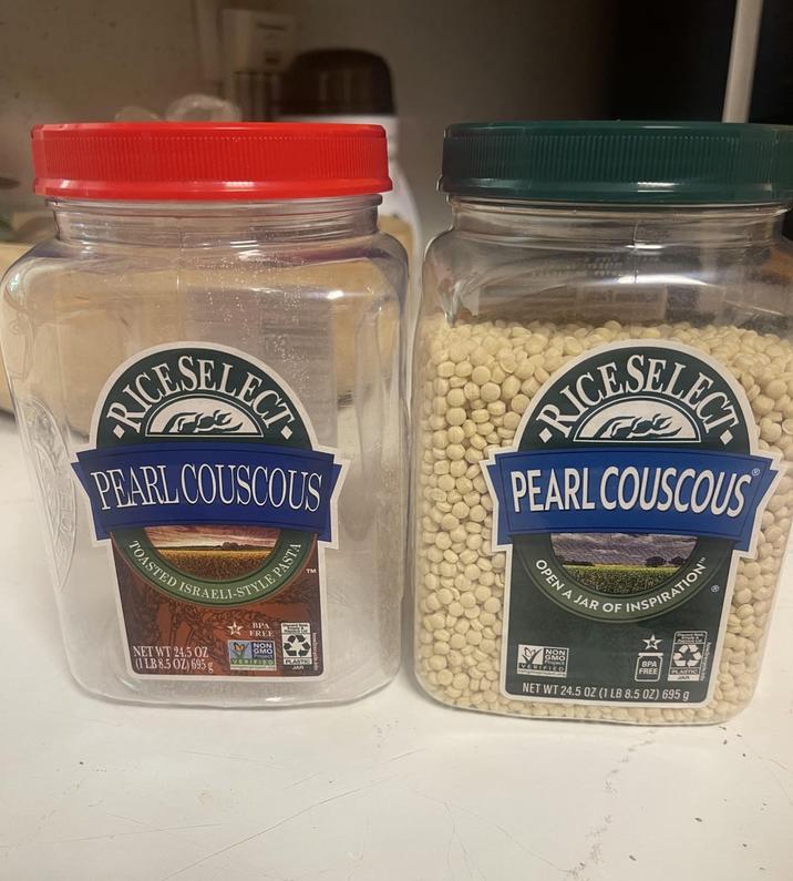PEARL COUSCOUS TOASTED ISRAELI-STYLE PASTA PEARL COUSCOUS OPEN A JAR OF INSPIRATION NET WT 24.5 OZ (1LB 8.5 OZ) 695 g BPA FREE GMO VERIFIED PLASTIC NON GMO VERIFIED BPA FREE PLASTIC NET WT 24.5 OZ (1 LB 8.5 OZ) 695 g