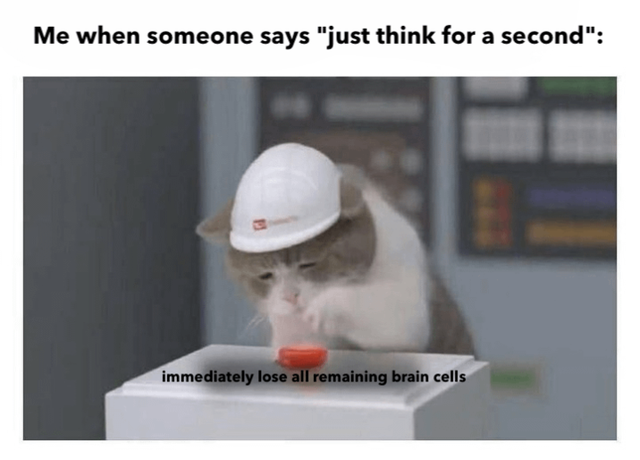 Me when someone says "just think for a second": immediately lose all remaining brain cells