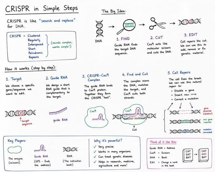 CRISPR in Simple Steps CRISPR is like "search and replace" for DNA. CRISPR = Clustered The Big Idea: MAM Regularly Interspaced Short (sounds complex, works simple!) DNA Palindromic Repeats How it works (step by step): →>> HINTA 1. FIND Guide RNA finds the target DNA sequence. ->>> → MIINNN 2. CUT Cas9 acts like molecular scissors and cuts the DNA. 3. EDIT Cell repairs the cut. We can use this to add, remove or fix genetic material. 1. Target 2. Guide RNA We choose a specific We design a short gene/sequence we want to edit. RNA guide that is Complementary to the target. 3. CRISPR-Cas9 Complex The guide RNA binds to Cas9 protein. Together they form the CRISPR "tool". 4. Find and Cut The complex scans the DNA, matches the target, and Cas9 cuts both strands. 5. Cell Repairs The cell fixes the break. We can use this natural repair to: •Disable a gene Insert new gene Correct a mutation. MMMMM "target sequence guide RNA Cas9 Cas9 cut MIX MIXXMININ gene disabled (deletion) new gene inserted mutation MIXXX corrected 0៛ Key Players: Why it's powerful? Think of it like this: The enzyme (scissors) mman Guide RNA (GPS finds the address) MMX ✓ Very precise Guide RNA Address Works in many organisms Cas9 = Scissors CAT DNA Can treat genetic diseases DNA = Book (The instruction book) Helps in research, medicine, agriculture and more! SAT →>>> CAT HAT BAT 8-8 BAT Edit = Change a word in the book