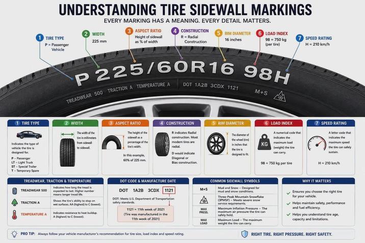 UNDERSTANDING TIRE SIDEWALL MARKINGS EVERY MARKING HAS A MEANING. EVERY DETAIL MATTERS. 2 WIDTH 1 TIRE TYPE 225 mm P = Passenger Vehicle 3 ASPECT RATIO Height of sidewall as % of width 4 CONSTRUCTION R = Radial Construction 5 RIM DIAMETER 6 LOAD INDEX 16 inches 98 = 750 kg (per tire) 7 SPEED RATING H = 210 km/h P 225/60R16 98H TREADWEAR 500 TRACTION A TEMPERATURE A DOT 1A2B 3CDX 1121 M+S 1 TIRE TYPE WIDTH Indicates the type of vehicle the tire is designed for. P-Passenger The width of the tire in millimeters from sidewall to sidewall. LT-Light Truck ST- Special Trailer 3 ASPECT RATIO The height of the sidewall as a percentage of the tire's width. In this example, 60% of 225 mm. 4 CONSTRUCTION R indicates Radial construction. Most modern tires are radial. D would indicate Diagonal or Bias construction. 5 RIM DIAMETER T-Temporary Spare TREADWEAR, TRACTION & TEMPERATURE TREADWEAR 500 TRACTION A Indicates how long the tread is expected to last. Higher number means longer tread life. Shows the tire's ability to stop on wet surfaces. AA (highest) to C (lowest). TEMPERATURE A Indicates resistance to heat buildup. A (highest) to C (lowest). DOT CODE & MANUFACTURE DATE DOT 1A2B 3CDX 1121 DOT: Meets U.S. Department of Transportation safety standards. M+S 1121 = 11th week of 2021 (Tire was manufactured in the 11th week of 2021) MAX PRESS. MAX LOAD PRO TIP: Always follow your vehicle manufacturer's recommendation for tire size, load index and speed rating. The diameter of the wheel (rim) in inches that 6 LOAD INDEX A numerical code that indicates the KG maximum load (weight) the tire can carry. 7 SPEED RATING A letter code that indicates the maximum speed the tire can safely sustain. the tire is designed to fit. 98 = 750 kg per tire H = 210 km/h COMMON SIDEWALL SYMBOLS Mud and Snow Designed for mud and snow conditions. Three-Peak Mountain Snowflake (3PMSF) Meets severe snow service requirements. Maximum Inflation Pressure - The maximum air pressure the tire can safely hold. Maximum Load - The maximum weight the tire can carry. WHY IT MATTERS Ensures you choose the right tire for your vehicle. Helps maintain safety, performance and fuel efficiency. Helps you understand tire age, capacity and limitations. RIGHT TIRE. RIGHT PRESSURE. RIGHT SAFETY.