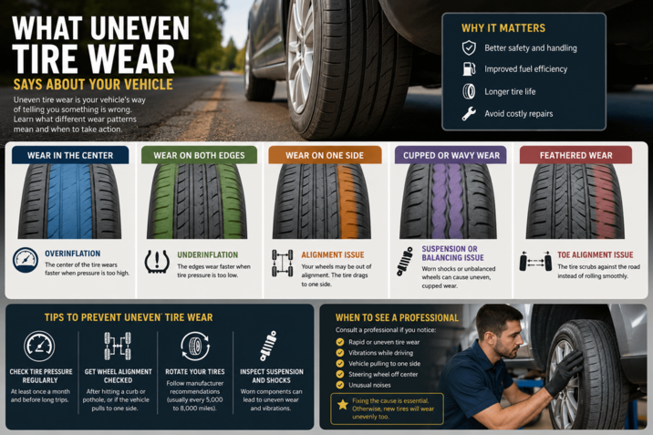WHAT UNEVEN TIRE WEAR SAYS ABOUT YOUR VEHICLE Uneven tire wear is your vehicle's way of telling you something is wrong. Learn what different wear patterns mean and when to take action. WEAR IN THE CENTER OVERINFLATION The center of the tire wears WHY IT MATTERS Better safety and handling Improved fuel efficiency Longer tire life Avoid costly repairs WEAR ON BOTH EDGES WEAR ON ONE SIDE CUPPED OR WAVY WEAR FEATHERED WEAR faster when pressure is too high. UNDERINFLATION The edges wear faster when tire pressure is too low. H ALIGNMENT ISSUE Your wheels may be out of alignment. The tire drags to one side. 0811170 SUSPENSION OR BALANCING ISSUE Worn shocks or unbalanced wheels can cause uneven, cupped wear. TOE ALIGNMENT ISSUE The tire scrubs against the road instead of rolling smoothly. TIPS TO PREVENT UNEVEN TIRE WEAR CHECK TIRE PRESSURE REGULARLY At least once a month and before long trips. GET WHEEL ALIGNMENT CHECKED After hitting a curb or pothole, or if the vehicle pulls to one side. ROTATE YOUR TIRES Follow manufacturer recommendations (usually every 5,000 to 8,000 miles). 021117 INSPECT SUSPENSION AND SHOCKS Worn components can lead to uneven wear and vibrations. WHEN TO SEE A PROFESSIONAL Consult a professional if you notice: Rapid or uneven tire wear Vibrations while driving Vehicle pulling to one side Steering wheel off center Unusual noises Fixing the cause is essential. Otherwise, new tires will wear unevenly too.
