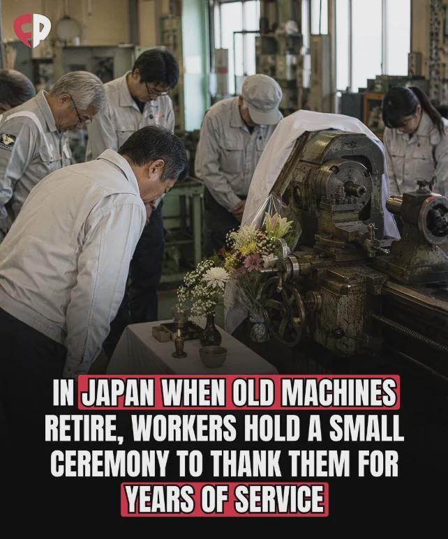 P IN JAPAN WHEN OLD MACHINES RETIRE, WORKERS HOLD A SMALL CEREMONY TO THANK THEM FOR YEARS OF SERVICE