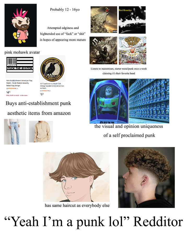 Probably 12-16yo Attempted edginess and hightended use of "f---" or "s---" in hopes of appearing more mature Korn Sabaton Dead Kennedys pink mohawk avatar 1236678FTS [F--- THE SYSTEM. Anti-Establishment American Flag Patch- Punk Protest Anarchy Rebel Flag Design 50*****(1) $495 CAPITALISMIS DEATH CULT 3.5" Capitalism is a Death Cult Vintage Socialist Embroidered Iron on Patch 45(2) Listens to mainstream, starter metal/punk once a week. claiming it's their favorite band $595 Only 4 left in stock order soon. Buys anti-establishment punk aesthetic items from amazon EIGHTYEAR 000 the visual and opinion uniqueness of a self proclaimed punk has same haircut as everybody else "Yeah I'm a punk lol" Redditor